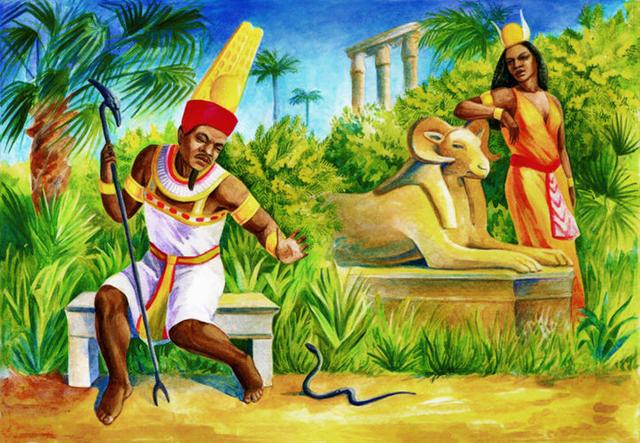 Aset’s viper prepares to strike Amun-Ra on his heel.