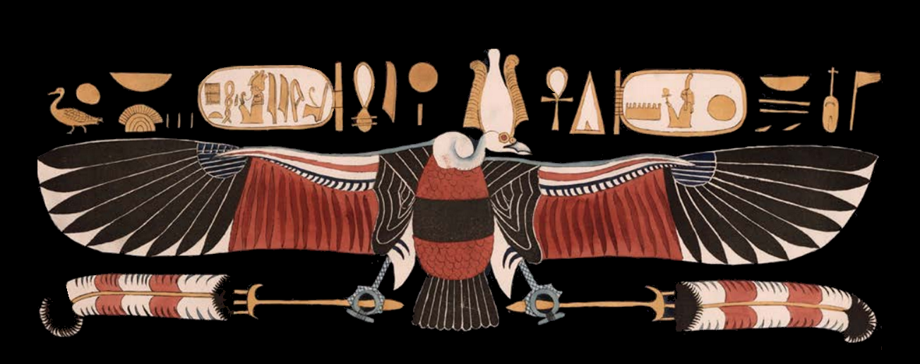 Vulture carrying shen rings and khu fans, both symbols of protection. Recreated from images found in the tomb of Seti I.